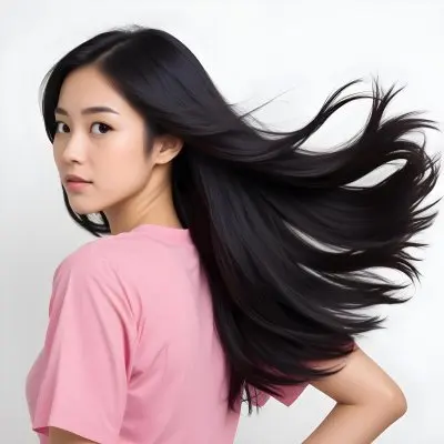 A 25 Year Old Asian Woman With Long Black Hair Pink Shirt Looking Over Her Shoulder In A White Background 4 181f