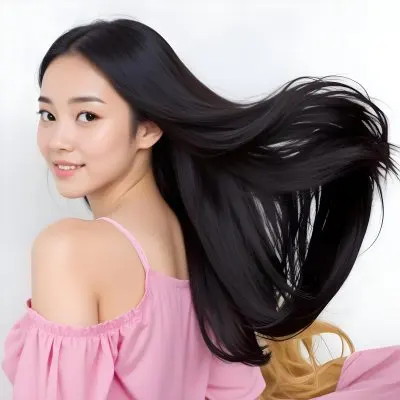 A 25 Year Old Asian Woman With Long Black Hair Pink Shirt Looking Over Her Shoulder In A White Background 8 C845