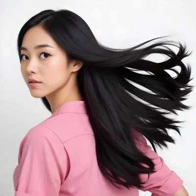A 25 Year Old Asian Woman With Long Black Hair Pink Shirt Looking Over Her Shoulder In A White Background 9 C862