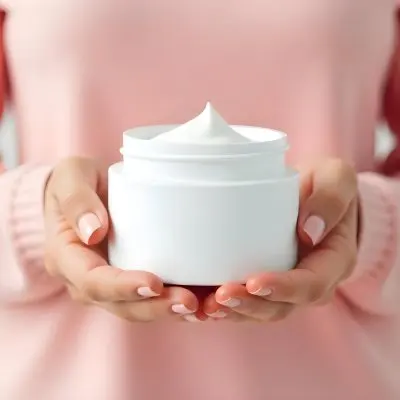 A 25 Year Old Caucasian Woman Holding A White Cream Jar With Both Hands Light Pink Nail Polish Light Pink Clothes White Background 8 Eabf