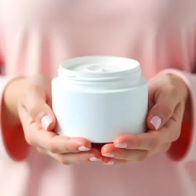 A 25 Year Old Caucasian Woman Holding A White Cream Jar With Both Hands Light Pink Nail Polish Light Pink Clothes White Background 9 9483