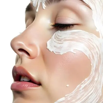 A 25 Year Old Caucasian Woman With Cream On Her Face Closed Eyes Light Skin Short Brown Hair In A White Background 23 C0cd