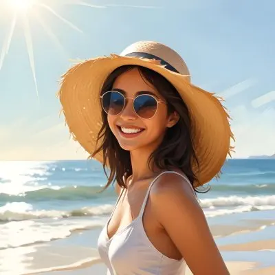 A 25 Year Old Hispanic Woman With Sunglasses And A Straw Hat Smiling In A Sunny Day At The Beach 4 4d26