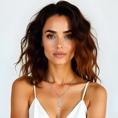 A 25 Year Old Middle Eastern Woman With Brown Curly Hair Wearing A White Dress And A Silver Necklace In A White Background 15 8338