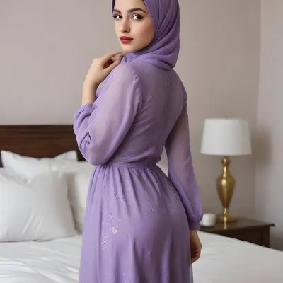 A 25 Year Old Middle Eastern Woman With Fair Skin And Red Lips Wearing A Lilac Dress And A Hijab In A Bedroom 6 176e