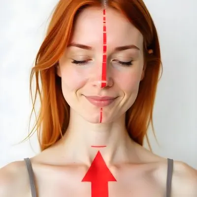 A 25 Year Old White Woman With Fair Skin Red Hair Closed Eyes And A Red Arrow Pointing Down In A White Background 27 Bf96