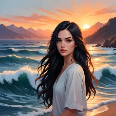 A 25 Year Old White Woman With Long Black Hair Ocean Waves On Her Face Sunset And Mountains In The Background 10 3cad