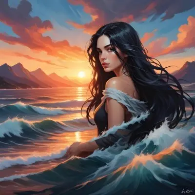 A 25 Year Old White Woman With Long Black Hair Ocean Waves On Her Face Sunset And Mountains In The Background 11 Bc11 4fd2