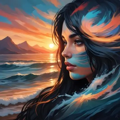 A 25 Year Old White Woman With Long Black Hair Ocean Waves On Her Face Sunset And Mountains In The Background 17 A719 6c95