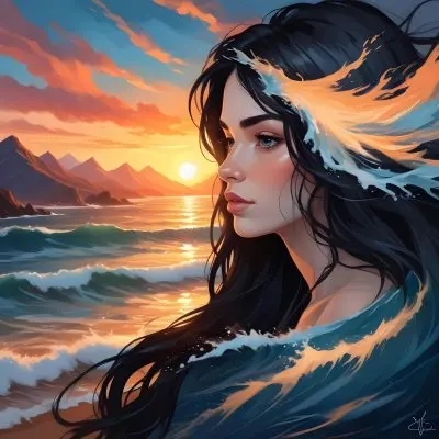 A 25 Year Old White Woman With Long Black Hair Ocean Waves On Her Face Sunset And Mountains In The Background 34 3226 172a