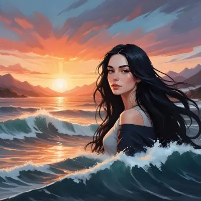 A 25 Year Old White Woman With Long Black Hair Ocean Waves On Her Face Sunset And Mountains In The Background 35 Dee1 58e3