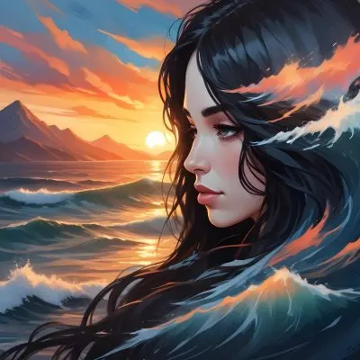 A 25 Year Old White Woman With Long Black Hair Ocean Waves On Her Face Sunset And Mountains In The Background 9 09a5 F4e8