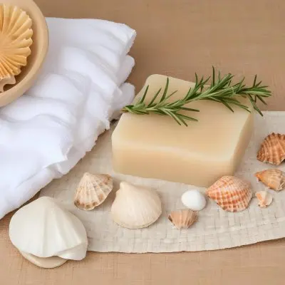 A Bar Of Soap Placed On A Woven Mat Surrounded By Various Seashells And A Sprig Of Rosemary In The Background There Are Neatly Stacked White Towels And A Natural Sponge The Setting Has A Calming Spa Like Atmospher 14 B53d