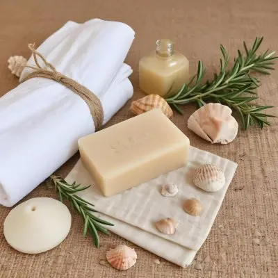 A Bar Of Soap Placed On A Woven Mat Surrounded By Various Seashells And A Sprig Of Rosemary In The Background There Are Neatly Stacked White Towels And A Natural Sponge The Setting Has A Calming Spa Like Atmospher 15 Ff9f