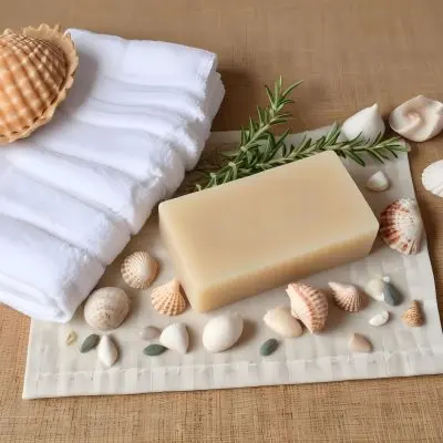 A Bar Of Soap Placed On A Woven Mat Surrounded By Various Seashells And A Sprig Of Rosemary In The Background There Are Neatly Stacked White Towels And A Natural Sponge The Setting Has A Calming Spa Like Atmospher 17 C784