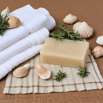 A Bar Of Soap Placed On A Woven Mat Surrounded By Various Seashells And A Sprig Of Rosemary In The Background There Are Neatly Stacked White Towels And A Natural Sponge The Setting Has A Calming Spa Like Atmospher 18 Df9d