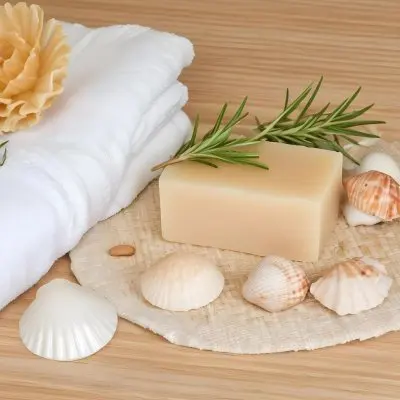 A Bar Of Soap Placed On A Woven Mat Surrounded By Various Seashells And A Sprig Of Rosemary In The Background There Are Neatly Stacked White Towels And A Natural Sponge The Setting Has A Calming Spa Like Atmospher 28 9a5e