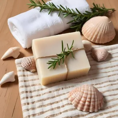 A Bar Of Soap Placed On A Woven Mat Surrounded By Various Seashells And A Sprig Of Rosemary In The Background There Are Neatly Stacked White Towels And A Natural Sponge The Setting Has A Calming Spa Like Atmospher 3 22c7