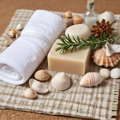 A Bar Of Soap Placed On A Woven Mat Surrounded By Various Seashells And A Sprig Of Rosemary In The Background There Are Neatly Stacked White Towels And A Natural Sponge The Setting Has A Calming Spa Like Atmospher 4 D667