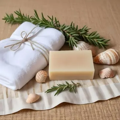 A Bar Of Soap Placed On A Woven Mat Surrounded By Various Seashells And A Sprig Of Rosemary In The Background There Are Neatly Stacked White Towels And A Natural Sponge The Setting Has A Calming Spa Like Atmospher 5 493e
