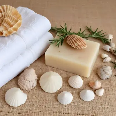A Bar Of Soap Placed On A Woven Mat Surrounded By Various Seashells And A Sprig Of Rosemary In The Background There Are Neatly Stacked White Towels And A Natural Sponge The Setting Has A Calming Spa Like Atmospher 7 Cf39