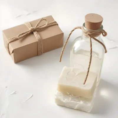 A Bar Of Soap Tied With Twine And A Clear Glass Bottle With A White Cap On A White Textured Surface 14 Ca07