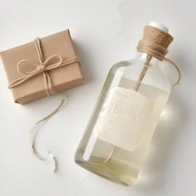 A Bar Of Soap Tied With Twine And A Clear Glass Bottle With A White Cap On A White Textured Surface 16 Be99