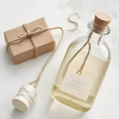 A Bar Of Soap Tied With Twine And A Clear Glass Bottle With A White Cap On A White Textured Surface 25 Ded6