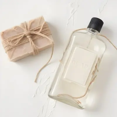 A Bar Of Soap Tied With Twine And A Clear Glass Bottle With A White Cap On A White Textured Surface 33 Bf74