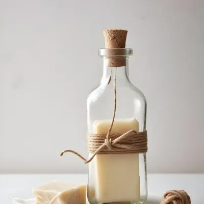 A Bar Of Soap Tied With Twine And A Clear Glass Bottle With A White Cap On A White Textured Surface 6 F9bc