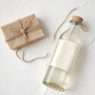 A Bar Of Soap Tied With Twine And A Clear Glass Bottle With A White Cap On A White Textured Surface 9 Db1d