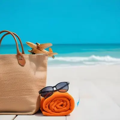 A Beach Bag With A Wooden Airplane Sunglasses And An Orange Towel On A Wooden Surface With A Turquoise Sea In The Background 13