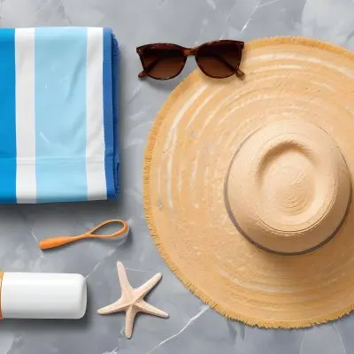 A Beach Towel With Blue Stripes A Straw Hat With Sunglasses A Sunscreen Bottle And Some Starfish On A Gray Marble Background 10