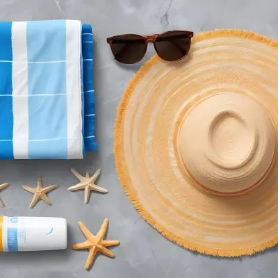 A Beach Towel With Blue Stripes A Straw Hat With Sunglasses A Sunscreen Bottle And Some Starfish On A Gray Marble Background 17 535a