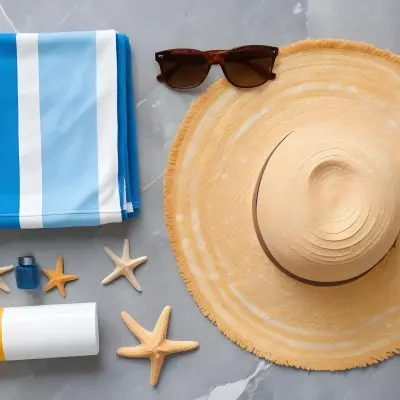 A Beach Towel With Blue Stripes A Straw Hat With Sunglasses A Sunscreen Bottle And Some Starfish On A Gray Marble Background 23