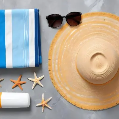 A Beach Towel With Blue Stripes A Straw Hat With Sunglasses A Sunscreen Bottle And Some Starfish On A Gray Marble Background 27 0bb4