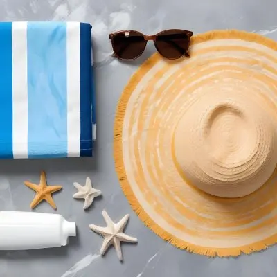 A Beach Towel With Blue Stripes A Straw Hat With Sunglasses A Sunscreen Bottle And Some Starfish On A Gray Marble Background 29 C0de