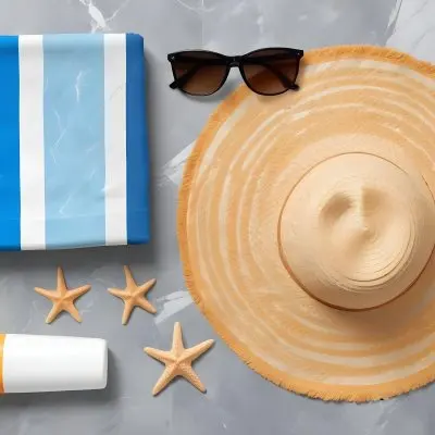 A Beach Towel With Blue Stripes A Straw Hat With Sunglasses A Sunscreen Bottle And Some Starfish On A Gray Marble Background 32 Bcb5