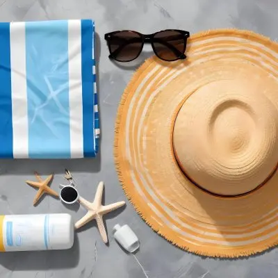 A Beach Towel With Blue Stripes A Straw Hat With Sunglasses A Sunscreen Bottle And Some Starfish On A Gray Marble Background 38 275a