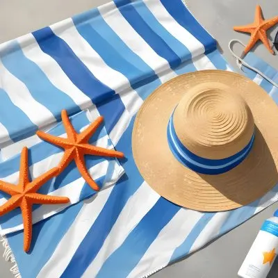 A Beach Towel With Blue Stripes A Straw Hat With Sunglasses A Sunscreen Bottle And Some Starfish On A Gray Marble Background 39 C382