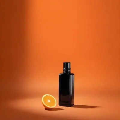 A Black Glass Bottle Of Perfume Or Cologne On A Orange Background 1