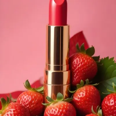 A Black Lipstick With A Pink Container Surrounded By Strawberries Black Background 20 3c83