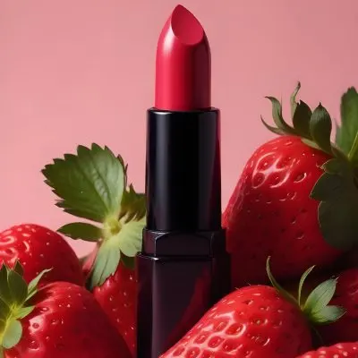 A Black Lipstick With A Pink Container Surrounded By Strawberries Black Background 44 9ff8