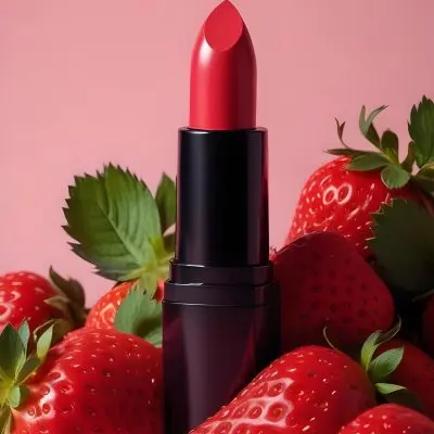 A Black Lipstick With A Pink Container Surrounded By Strawberries Black Background 46 0b42