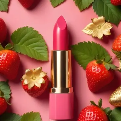 A Black Lipstick With A Pink Container Surrounded By Strawberries Black Background 5 45d4