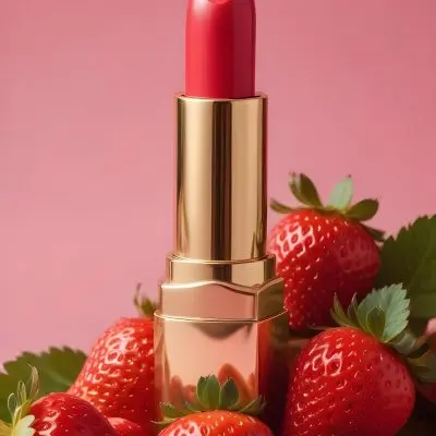 A Black Lipstick With A Pink Container Surrounded By Strawberries Black Background 8 8571