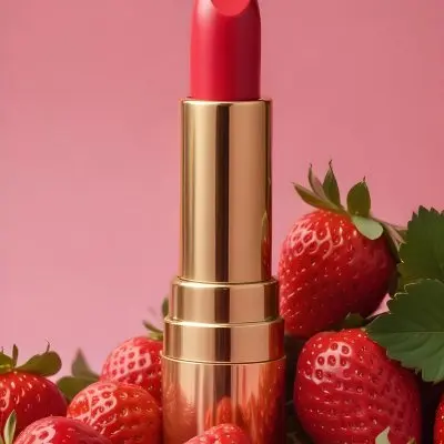 A Black Lipstick With A Pink Container Surrounded By Strawberries Black Background 9 F3ae