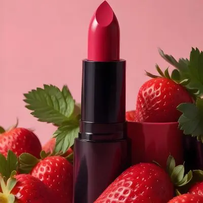 A Black Lipstick With A Pink Container Surrounded By Strawberries With A Black Background 1 Cf06