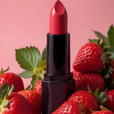 A Black Lipstick With A Pink Container Surrounded By Strawberries With A Black Background 18 8325