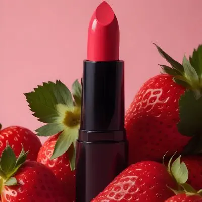 A Black Lipstick With A Pink Container Surrounded By Strawberries With A Black Background 3 6873